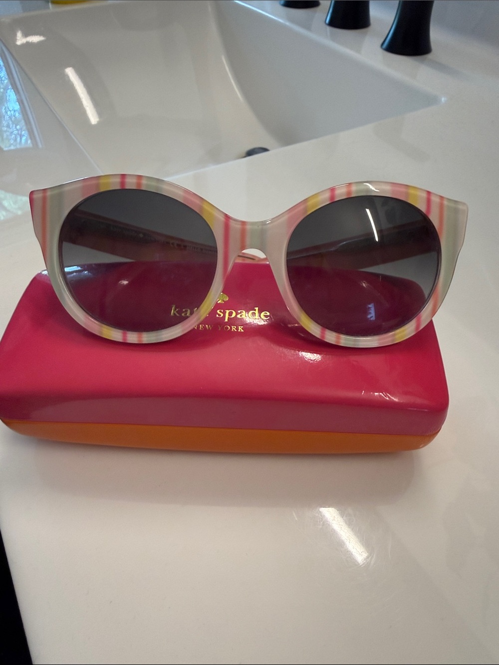 kate spade Striped Cat-Eye Sunglasses in Pink, Yellow & Cream - Picture 2 of 5